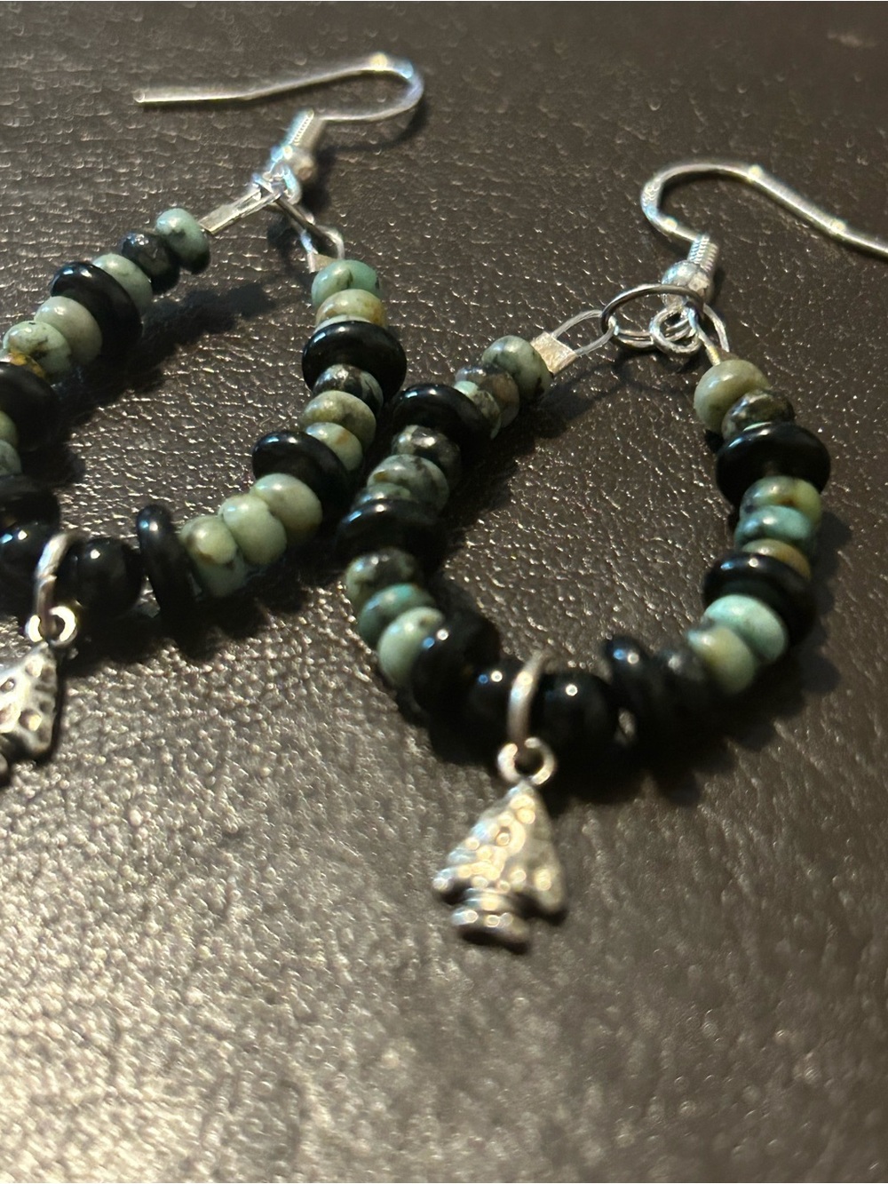 Handmade Turquoise & Black Beaded Hoop Earrings with Silver Charm